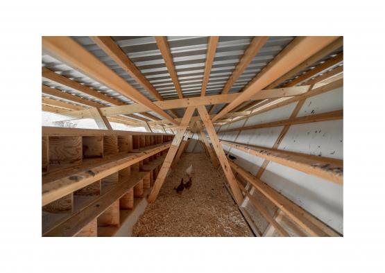 a chicken coop with wood beams and a wooden floor