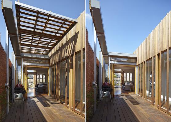 a wooden deck with a wood pergola