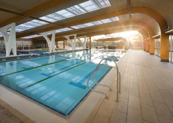 a swimming pool inside a building