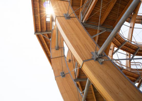 a wooden structure with a sun shining through it