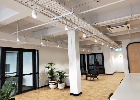 a room with white pillars and plants