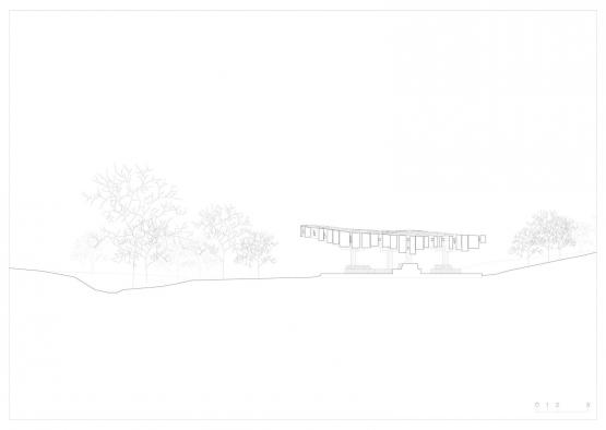 a drawing of a building and trees