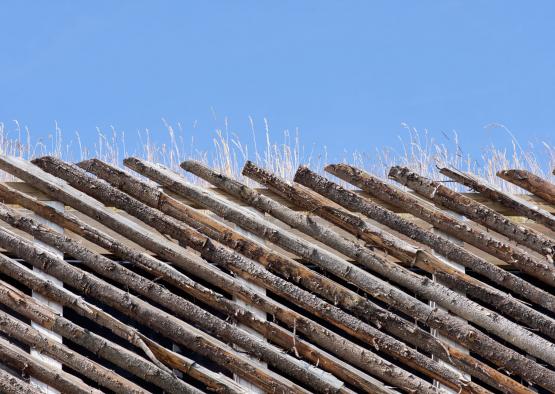 a roof of a building with a few logs