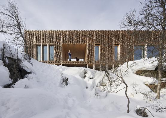 a building with a wooden structure in the snow