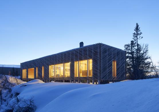 a building with a wooden structure in the snow