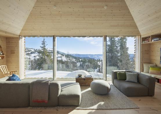 a room with a view of the mountains