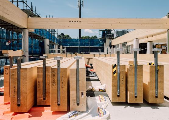 a construction site with wood beams