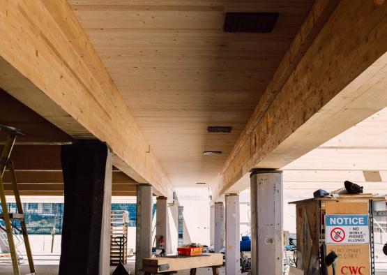 a wood beams and a table