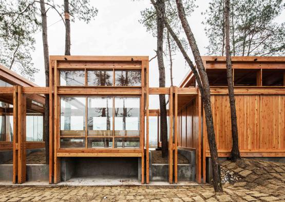 a building with trees around it