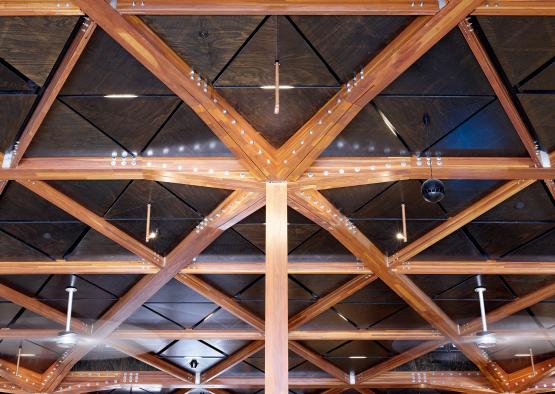 a wooden ceiling with lights