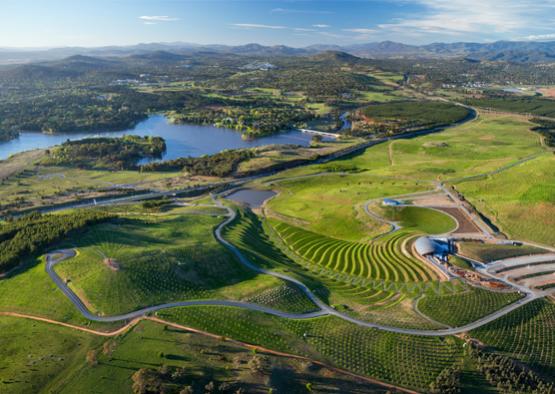 a aerial view of a green landscape