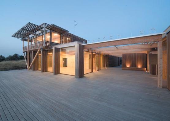 a building with a wooden deck