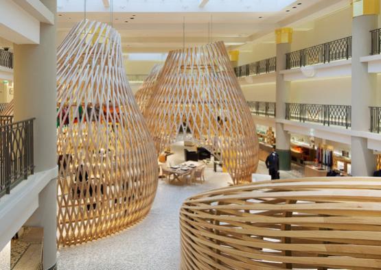 a group of wooden objects in a building