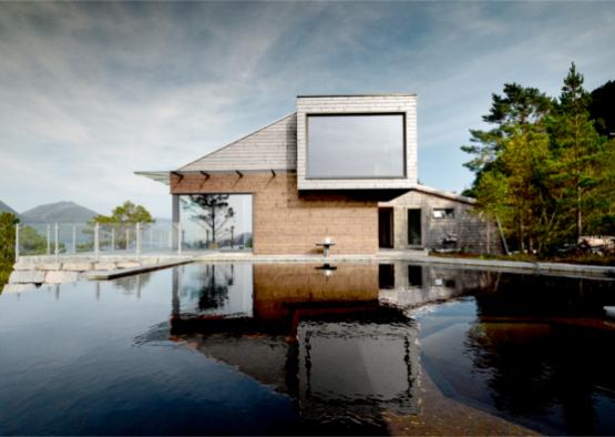 a house with a pool of water