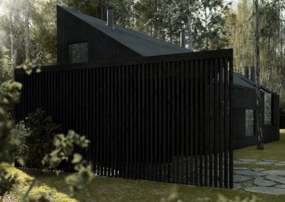 a black house with a fence