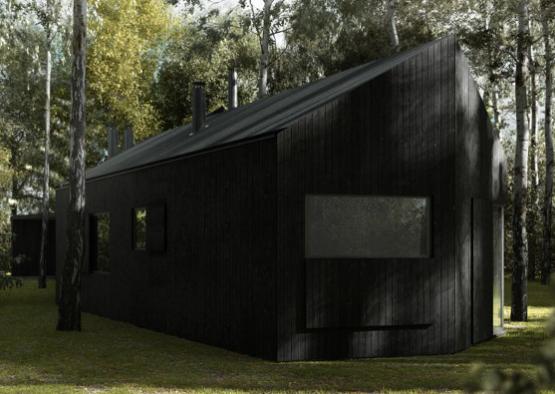 a black house with trees in the background