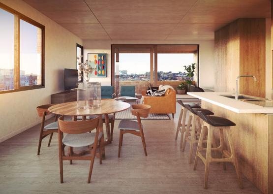 a living room with a table and chairs