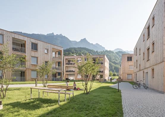 a group of buildings with benches and trees in front of them