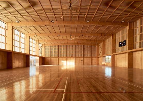 a large indoor gym with a basketball court and a ceiling fan