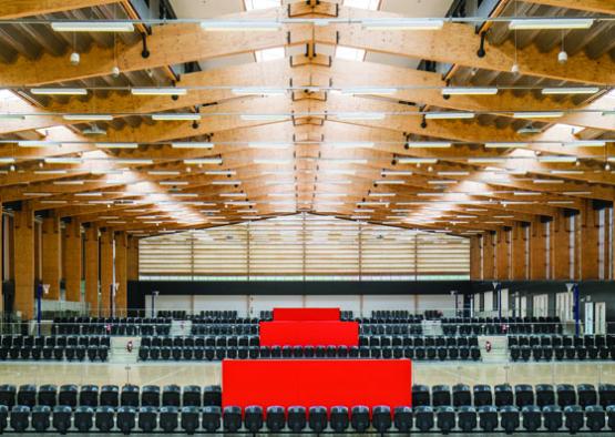 a large room with rows of chairs