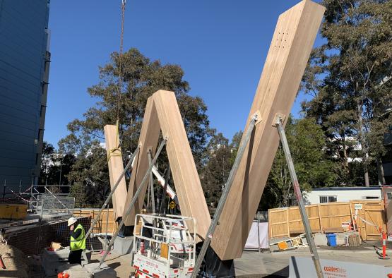 a large wooden beams being constructed
