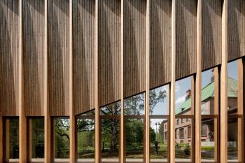 a wood wall with windows