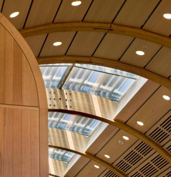 a ceiling with lights and a curved roof