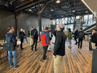 The walking tour members gather in the Walsh Bay Arts Precinct