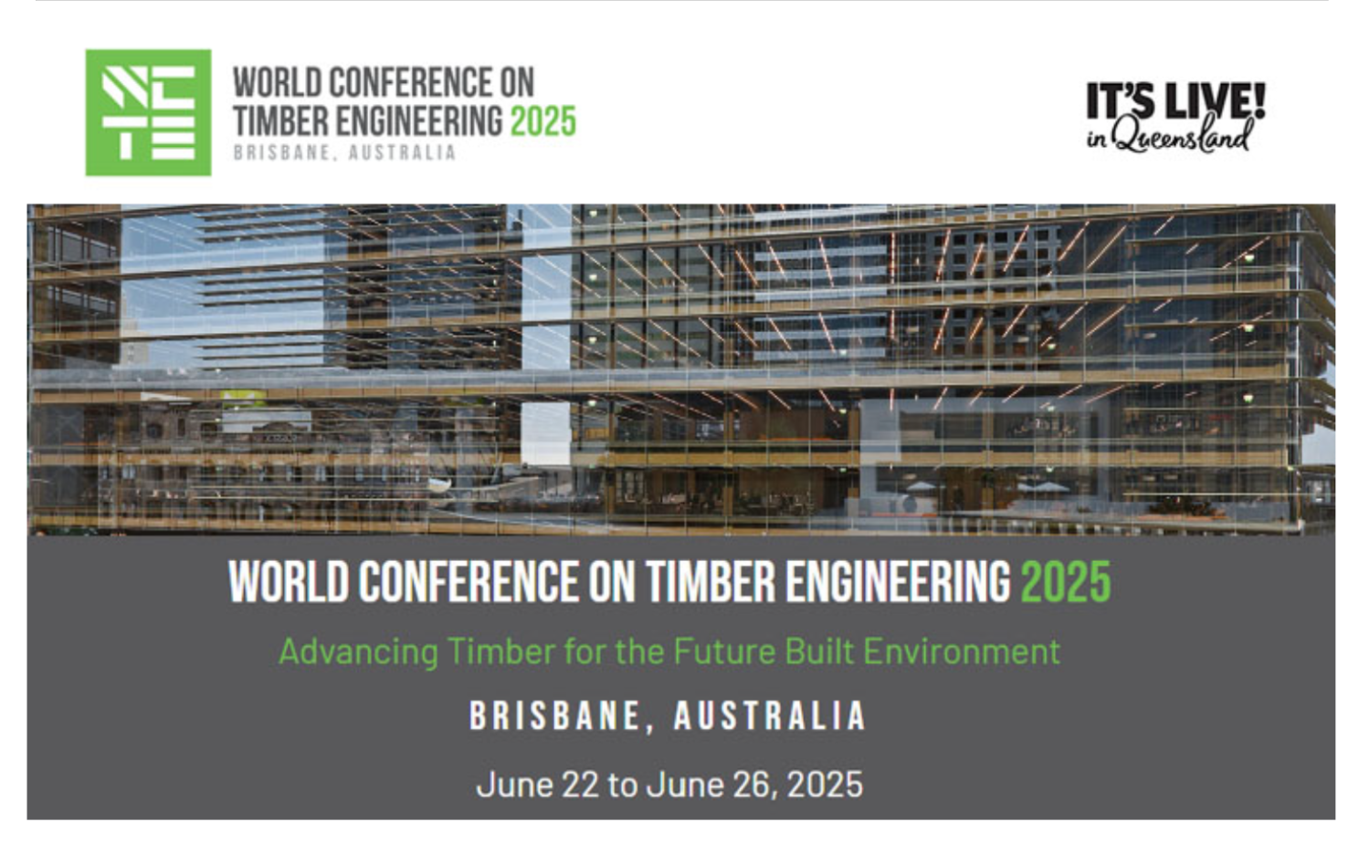 Tile reads: World Conference on Timber Engineering 2025 Brisbane, AUS