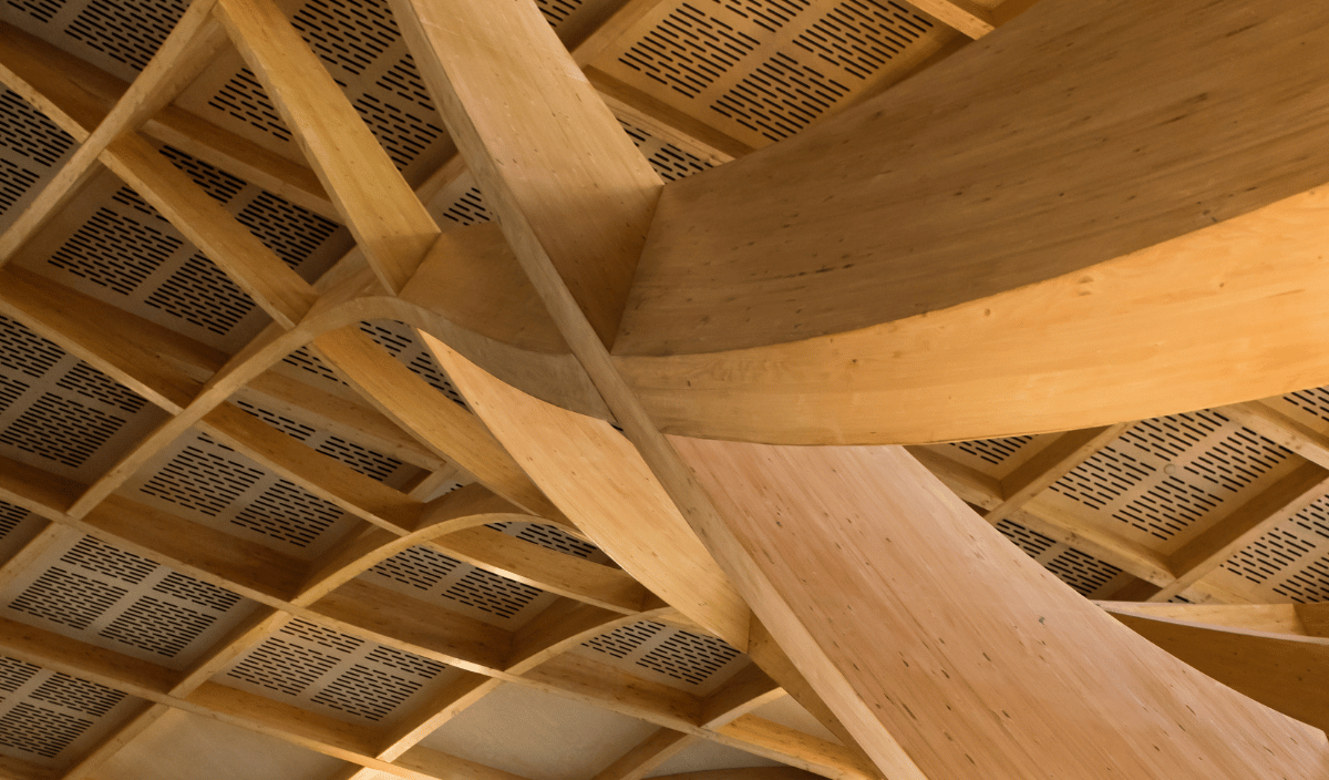 Bunjil Place mass timber curved roof. Photography by: Nicole England