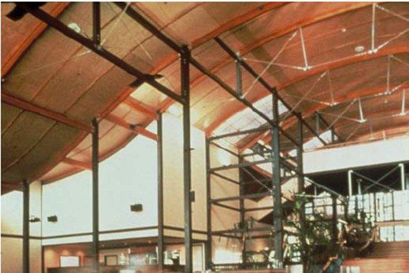 a large building with metal beams