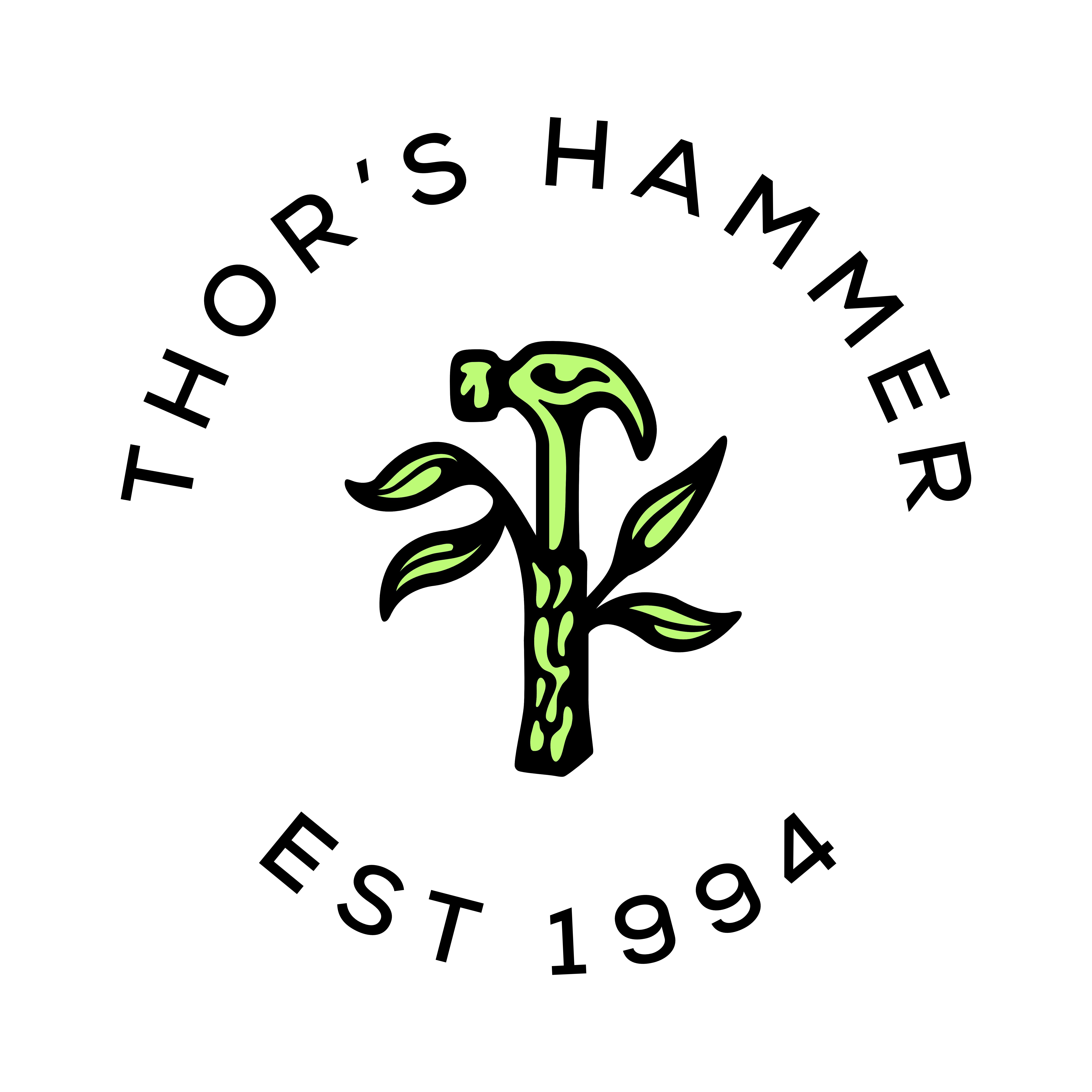 a logo with green leaves and black text