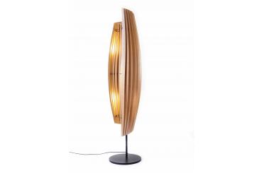 a wooden lamp with a light on