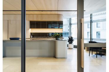 a kitchen with a glass door