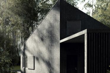 a black house with a triangular roof