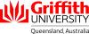 a logo with red text